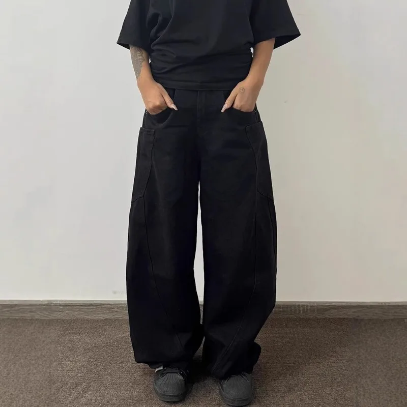 American Retro Washed Black High Street Jeans for Men 2026 Autumn New Men's Streetwear Harajuku Casual Baggy Wide Leg Pants
