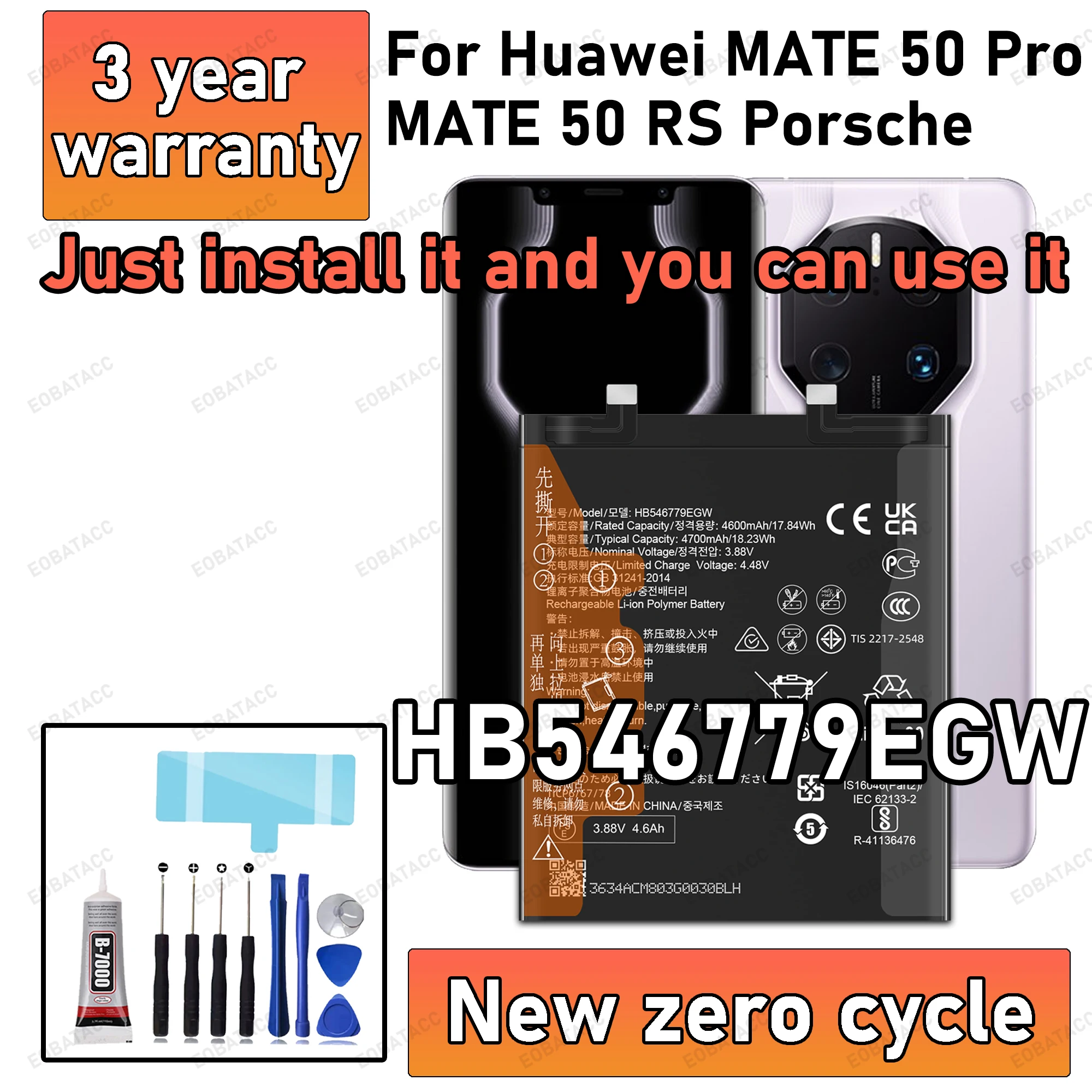 100% New High Capacity HB546779EGW Battery For Huawei MATE 50 pro/MATE50 RS Porsche Phone batteries batteria+Free Tools