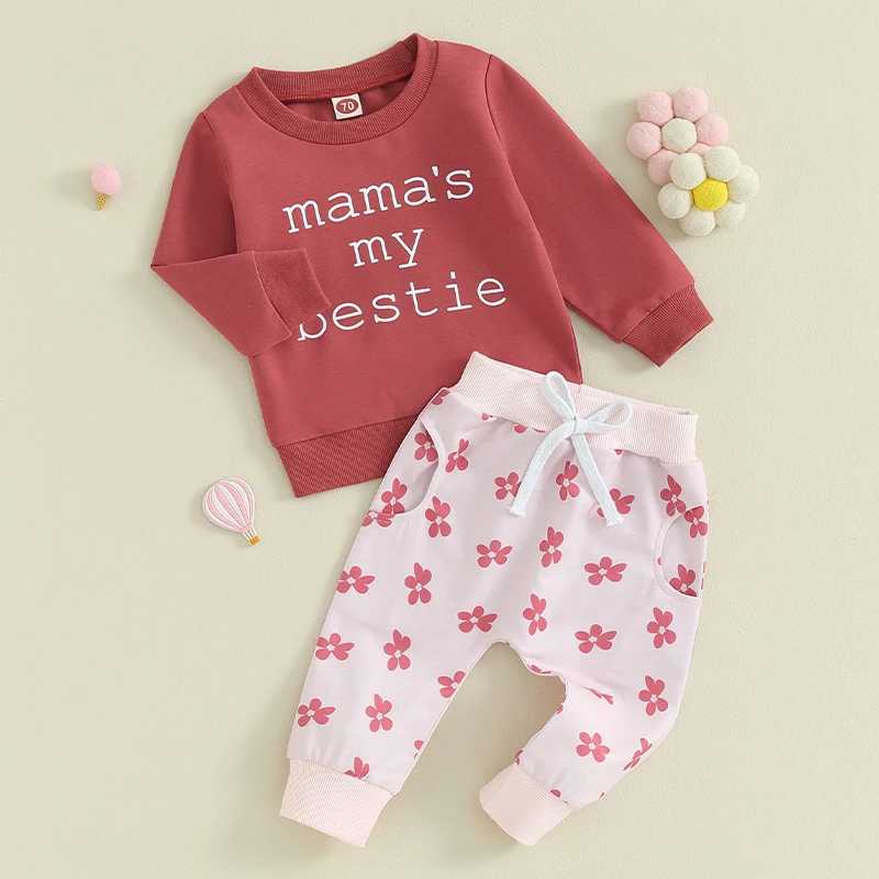 Toddler Girls Autumn Pants Sets Long Sleeve Letter Print Sweatshirt Floral Pants Sets