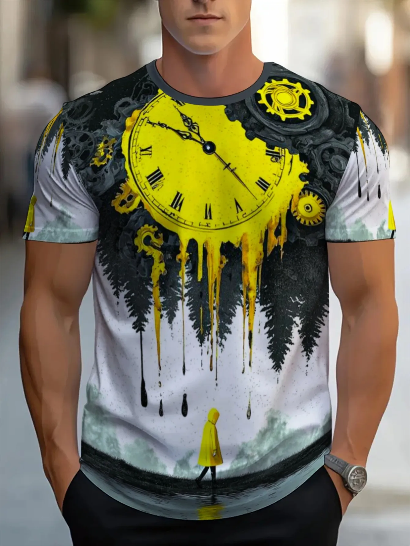 Men Yellow Melting Clock Gear Forest Figure 3D Print Crew Neck T Shirt Summer Short Sleeve Casual Street Tee