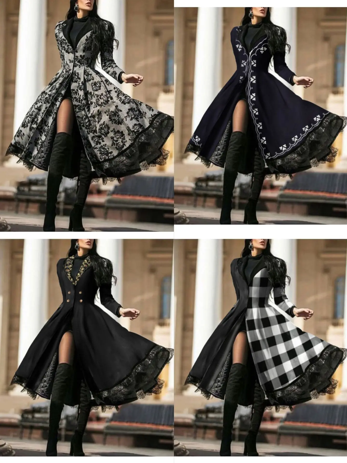 

202 Autumn Winter Plaid Lace Splicing Slim Fit Waist Cinching Long Coat Vintage Large Size Windbreaker for Women