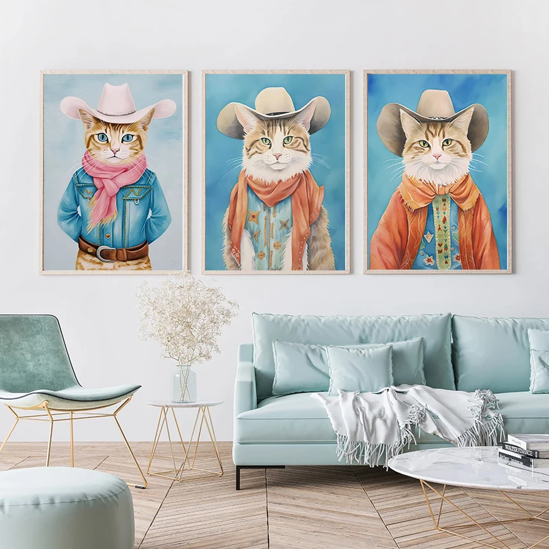 1pc frameless Canvas Painting Retro Abstract Animal Portrait Cowboy Different Cat Fashion Wear Poster Canvas Painting Wall Art P