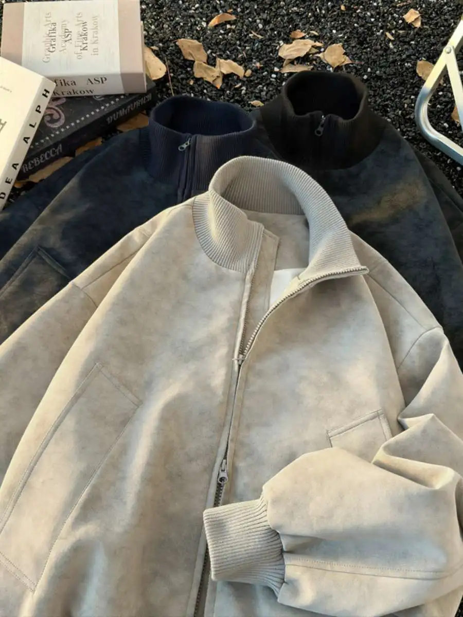 

American Retro Pleated ort Leather Jaet Men's Autumn Flight Jaet Stand Collar Baseball orm Loose Fit Polyester Fiber