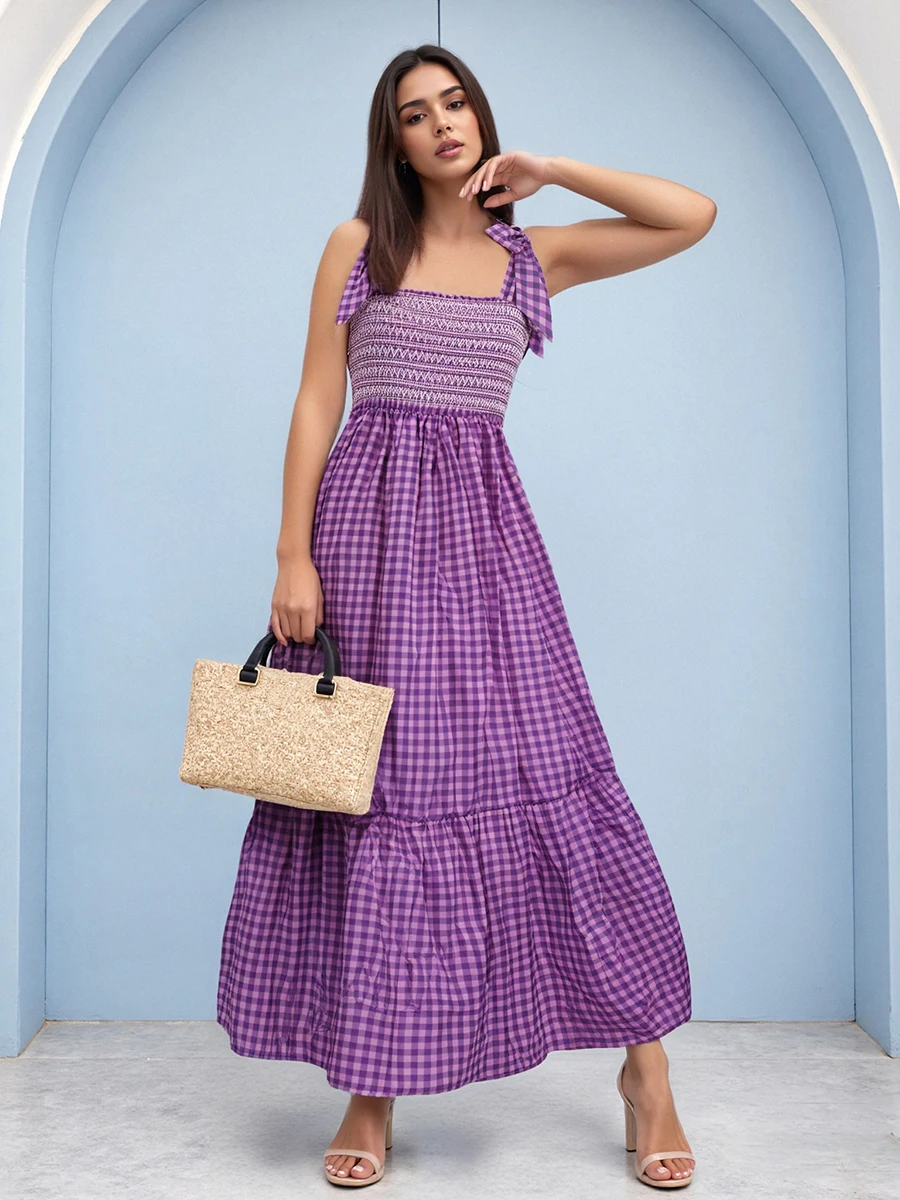 Nowa Damska Długa Sukienka w Paski/Kraciasta/Wzorzysta Bez Rękawów na Ramiączkach Letnia Sukienka Wiązana na Ramionach Modna Sukienka Codzienna S M L