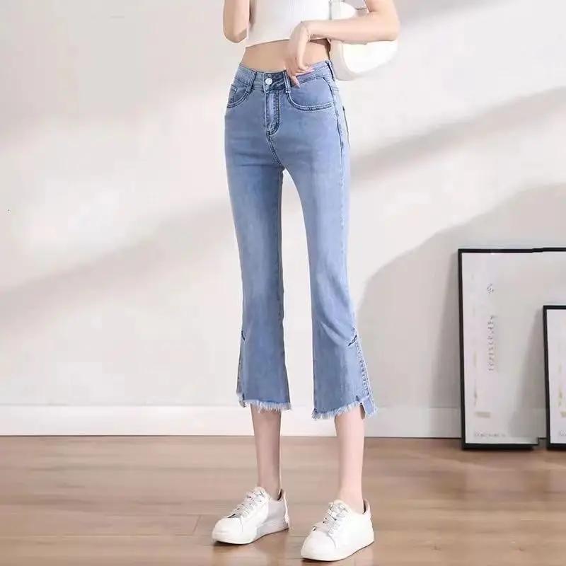 Women's High Waist Split Hem Flare Jeans 2026 Summer Thin Denim Pants Petite Bell Bottoms Ankle Length Streetwear