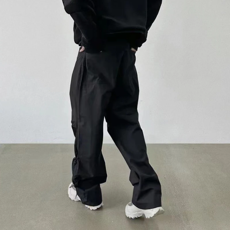 Nylon Quick Dry Pleated Knee Wide Leg Baggy Cargos Men's Drawstring Waist Straight Casual Trousers Y2K Oversized Loose Pants