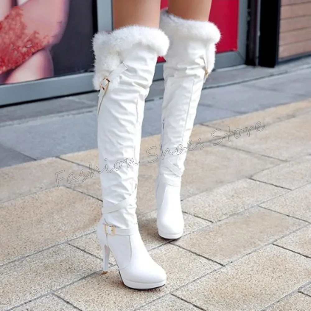 

White Side Zipper Fur Decor Boots Buckle Decor Stilettos High Heels High Heel Shoes for Women Heels 2025 New Zapatos Para Mujere