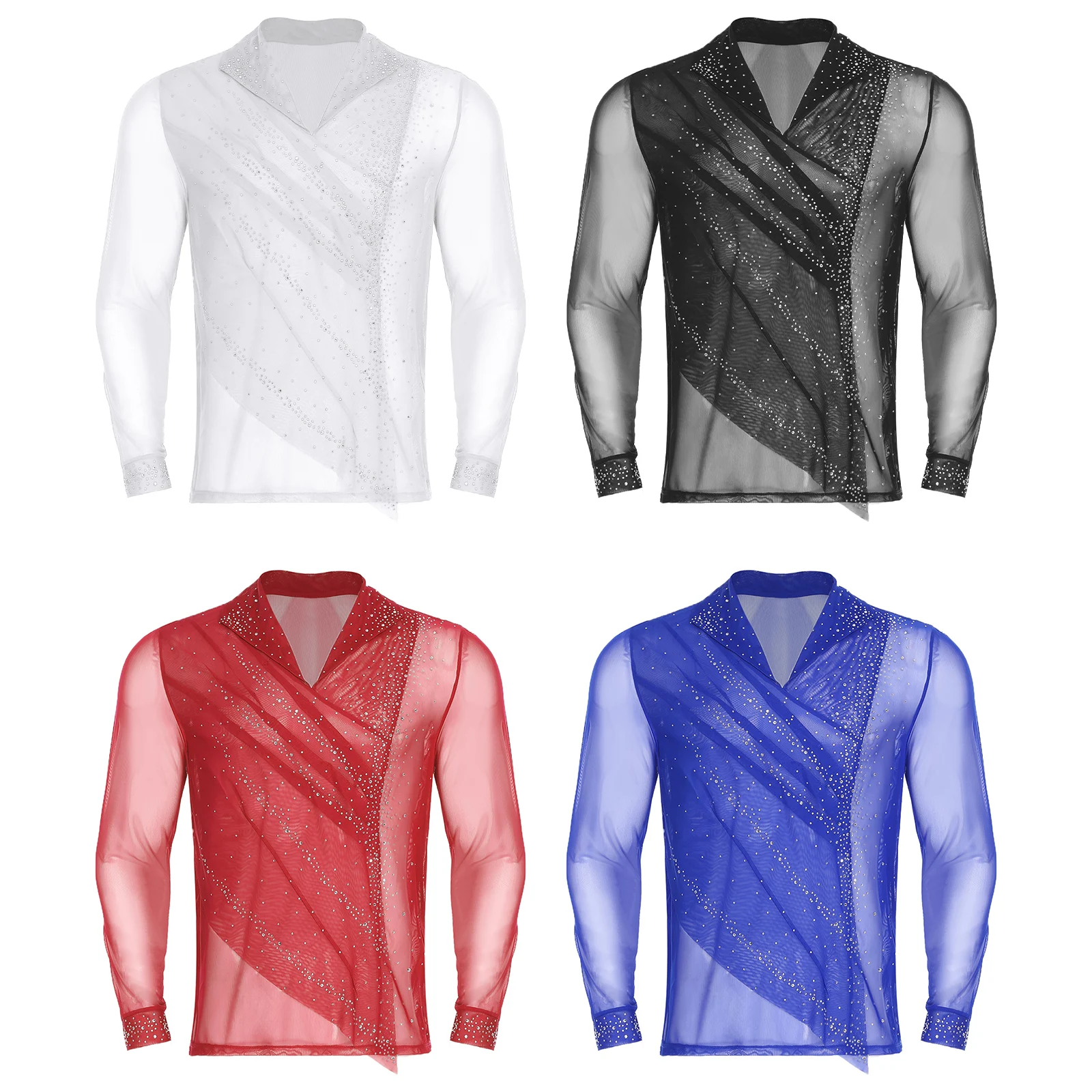 남성 라틴 댄스 의상 메쉬 라인스톤 댄스 셔츠 피겨 스케이팅 의상 댄스 경연 대회 공연용 발레 댄스웨어