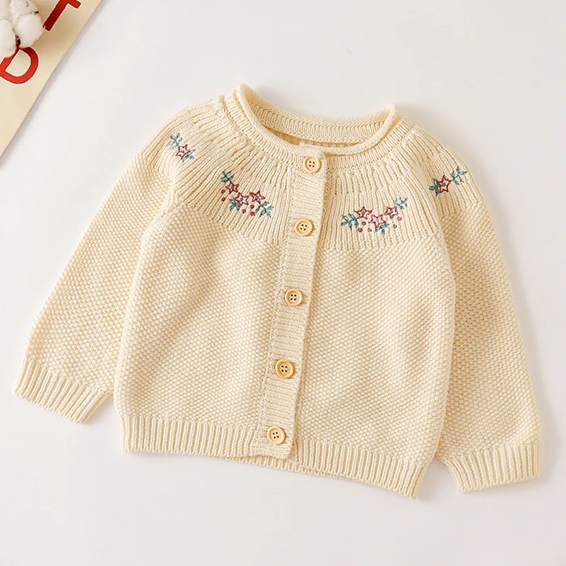 

Winter Spring Newborn Baby Girls Knitting Cardigan Coat Long Sleeved Floral Embroidery Toddler Baby Girls Sweater Coat