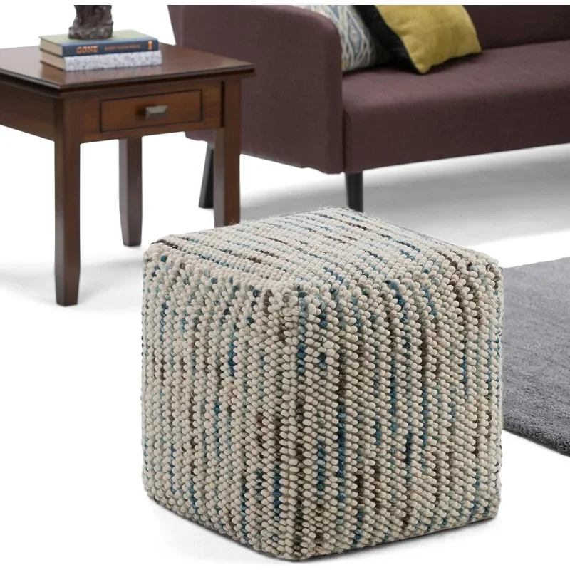 Zoey 18 Inch Boho Cube Woven Pouf in Multi Color Cotton and Wool, For the Living Room, Bedroom and Kids Room