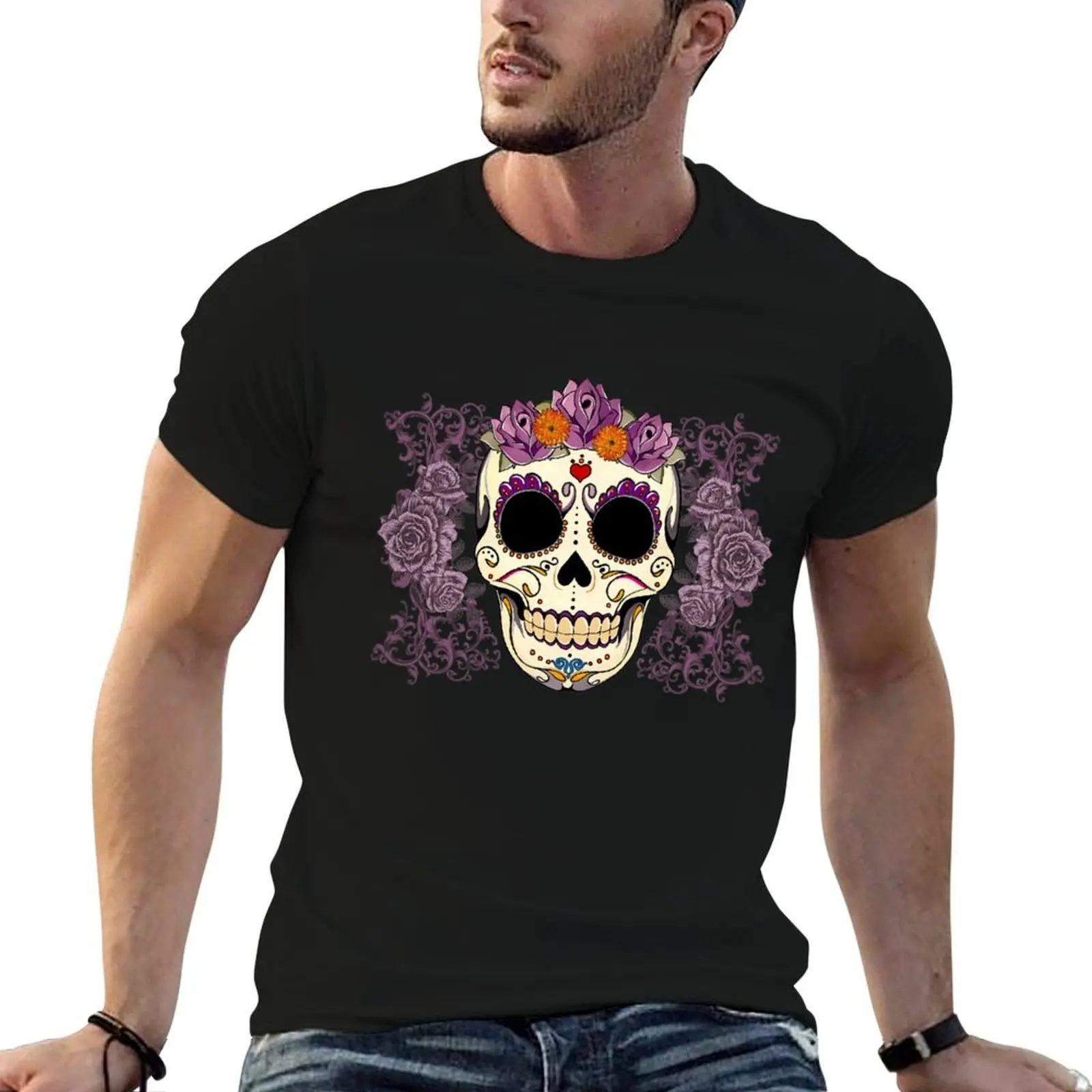Vintage Skull and Roses T-Shirt Non-Shrink Basic Cotton T-Shirt
