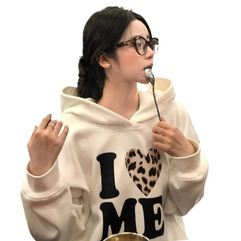 Carta de amor hoodie leopardo impressão hoodie outono coreano ins impresso moletom high street fino grosso casal hoodie o-pescoço topo novo