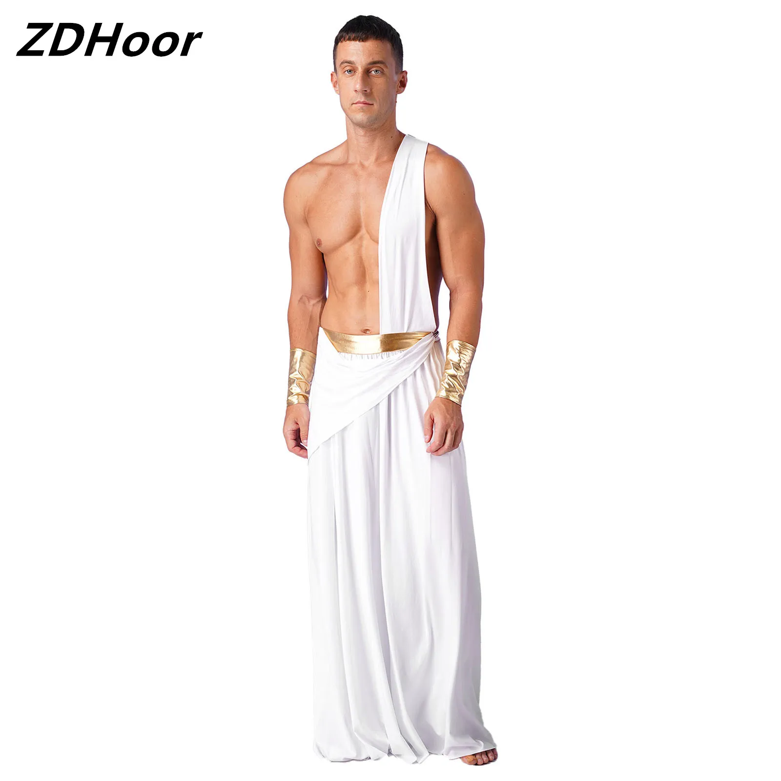 

Mens Ancient Greek Cosplay Long Skirt with Wristbands One Shoulder Strap Roman Toga Halloween Greek Warrior Costumes