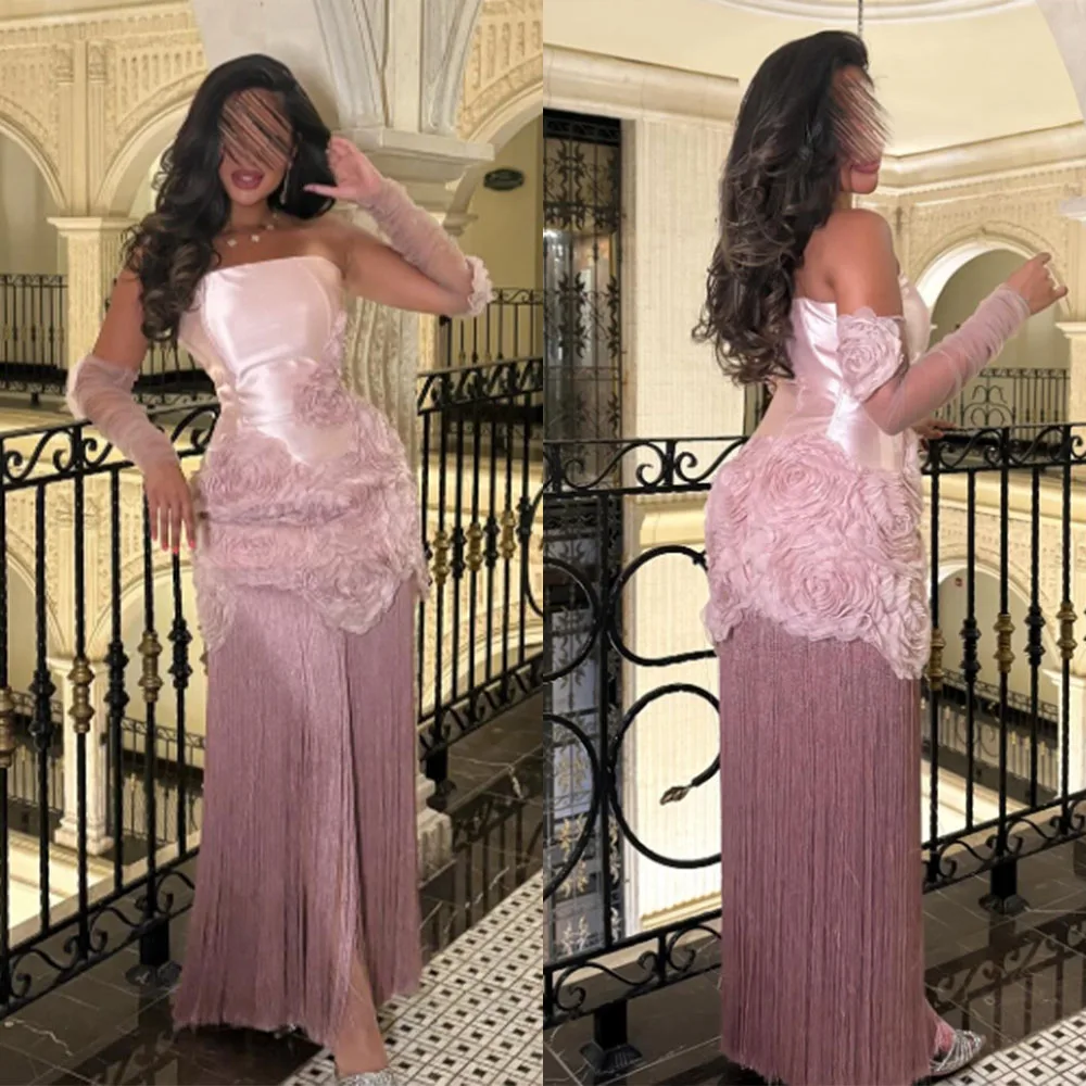 

High Quality Customized Strapless Floor Length Backless Appliques Flowers Feathers Pink Evening Dress 2025 Elegant for Wedding
