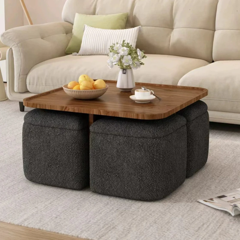 Wooden Round Coffee Table Fabric Stools Space Saving Combination Living Room Center Table Dining Creative Couchtisch Furniture