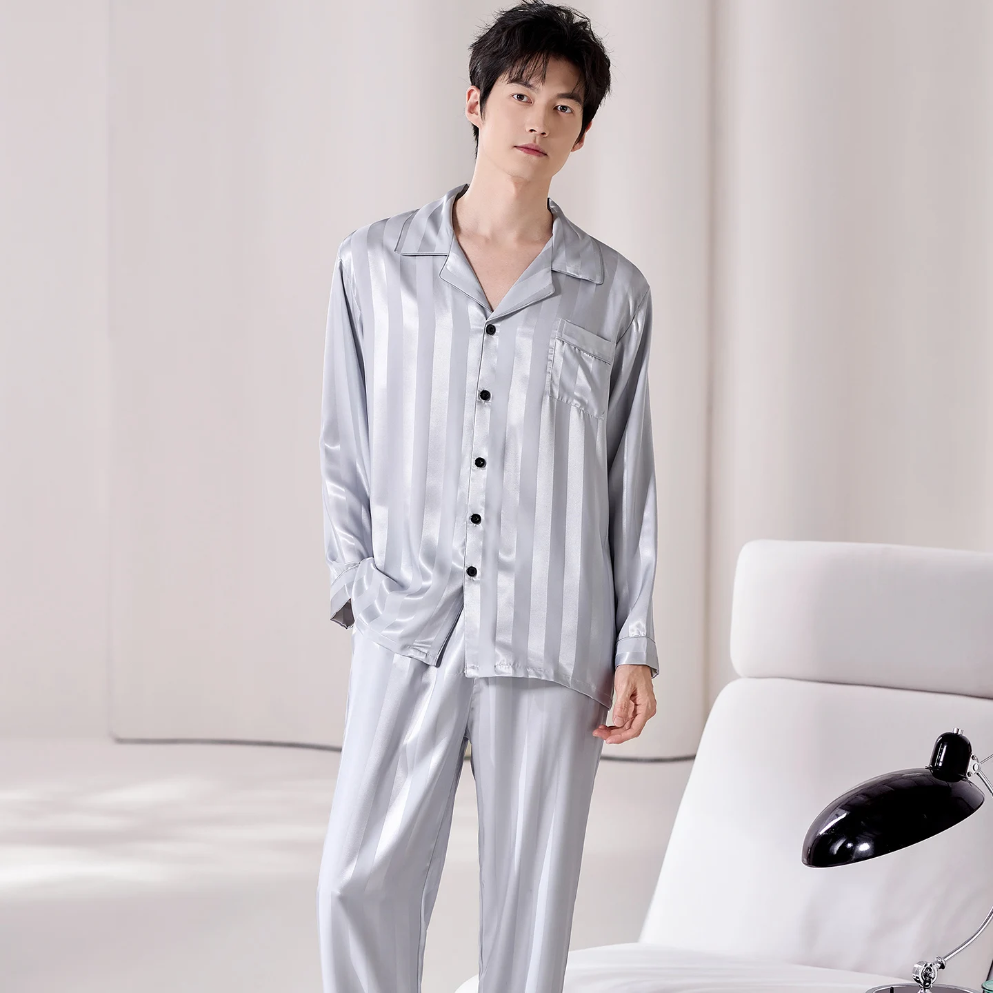 Spring Autumn Men Pajamas Set Silk Sleepwear Long Sleeve Cardigan Turn-down Collar Male Homewear Pijamas L-4XL