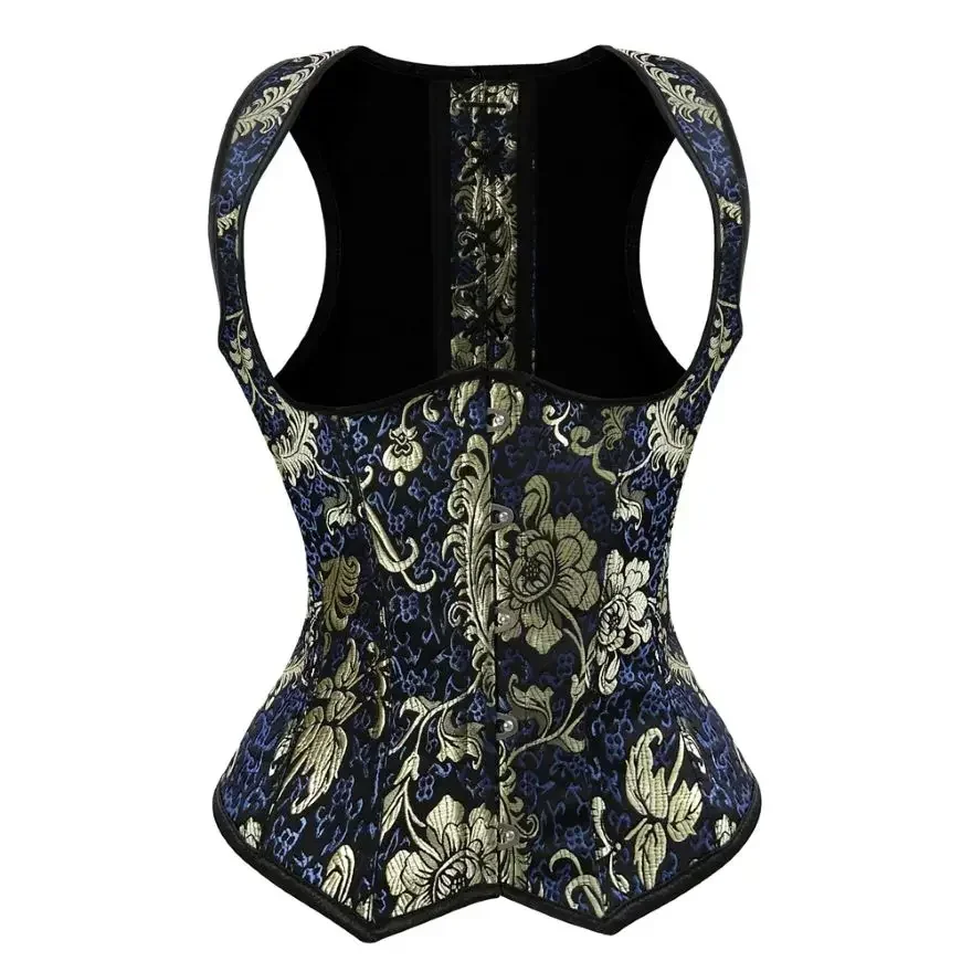Vintage Underbust Corset Top Gothic Gold Blue เย็บปักถักร้อยเอว Cincher Bustier เสื้อกั๊กพร้อมสายรัดไหล่ Plus ขนาด Body Shaper