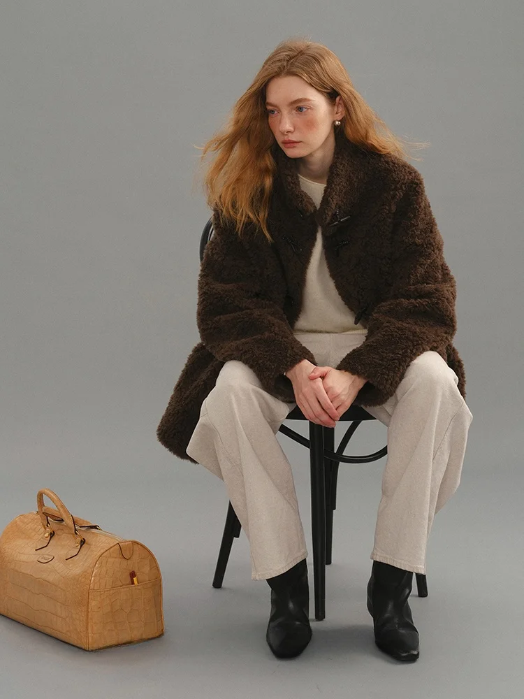 Who Peach Hand Long Stand Collar eepskin Coat Women Loose Slimming Versatile Winter Warm Top Commute Sle Thi Wool