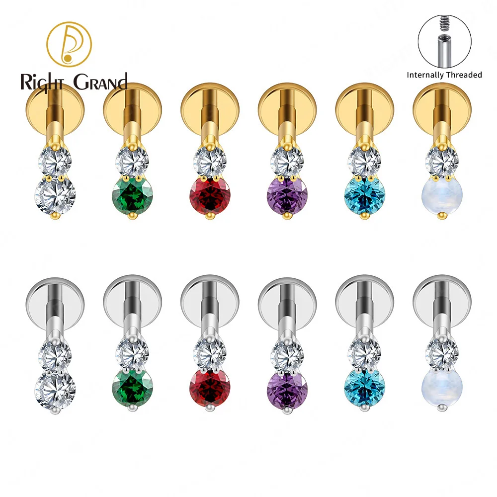 Right Grand Brinco de cartilagem ASTM F136 titânio 16G duplo CZ, pequeno, duas pedras, parte traseira plana, piercing labret, tragus, hélice, nariz, joia para corpo
