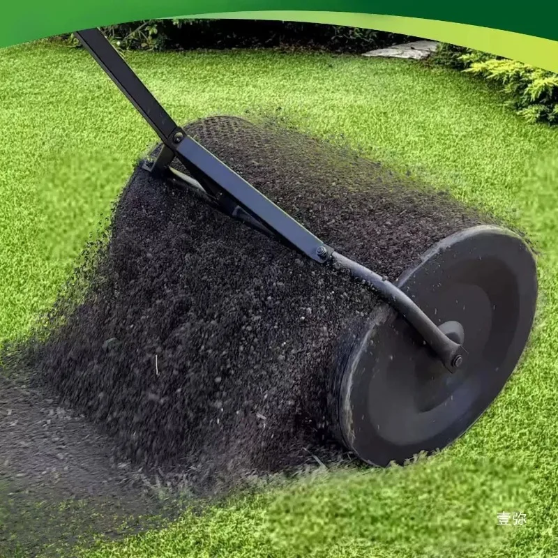 Compost Spreader  Wide Adjustable Handle Lawn and Garden Peat Moss Roller Black For Spreading Manure Topsoil 1pcs