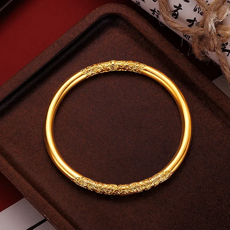 9999 Real Gold 24K Advanced Ancient Method Bauhinia Roll Grass Pattern Heritage Bracelet, Engraved Plain Ring Women's Bracelet