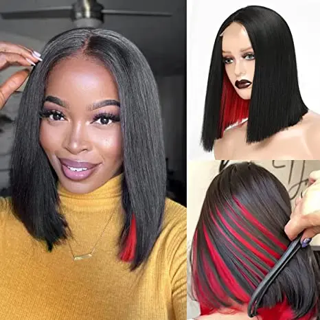 

Red Highlight Bob Wig Short Straight Bob Wigs For Black Women, Red Peekaboo Bob Synthetic Lace Front Wig