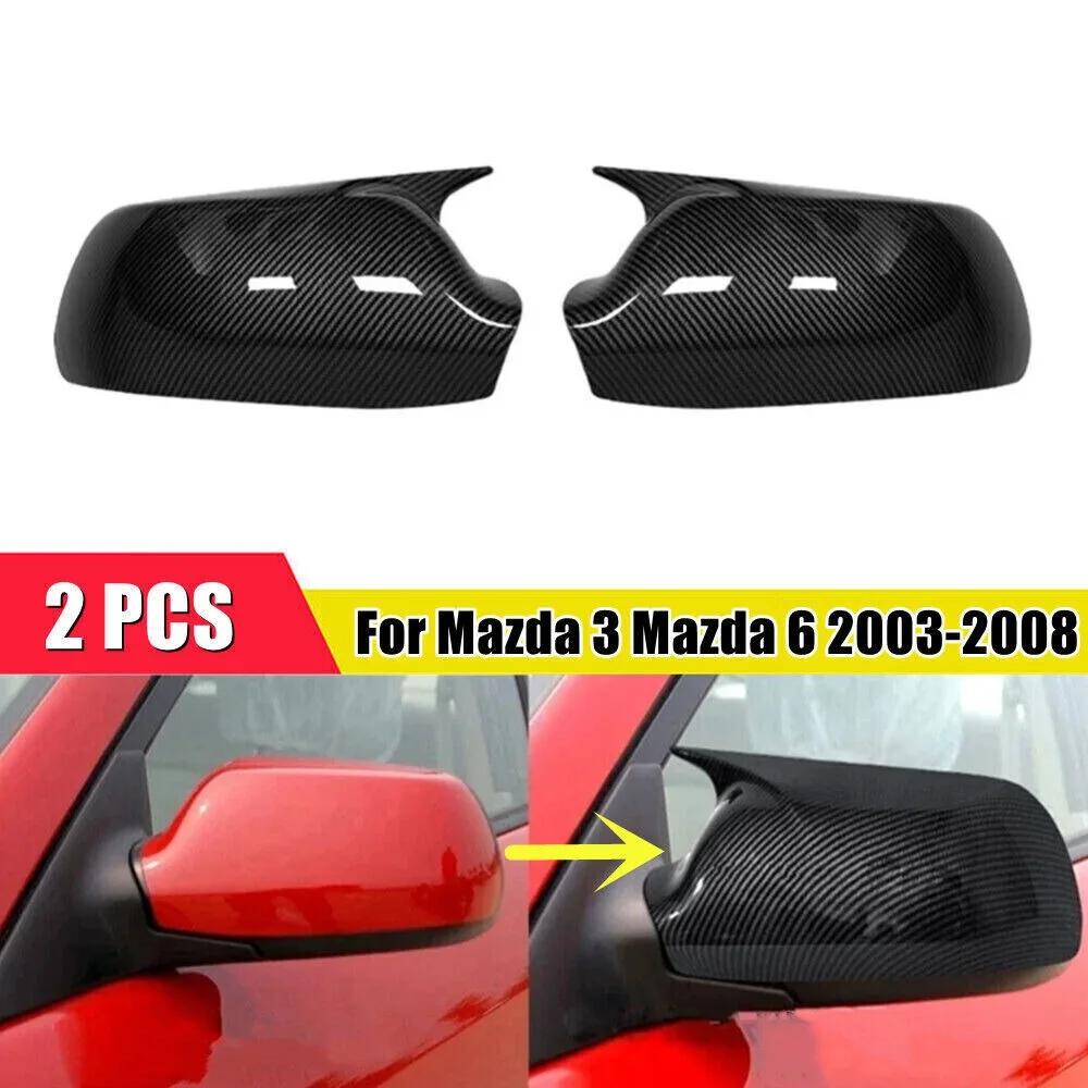 

2Pcs Carbon Fiber Side Mirror View Horn Cover Cap Trim For Mazda 3 6 2003-2008