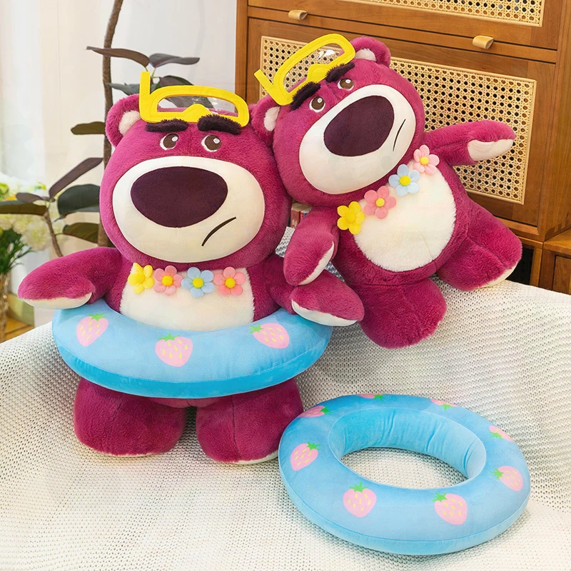 Cute Soft Strawberry Bear Swim Ring Sleeping Hugging Plush Toy Stuffed Animal Doll Girls Kids Birthday Gift Home Bedroom Nap