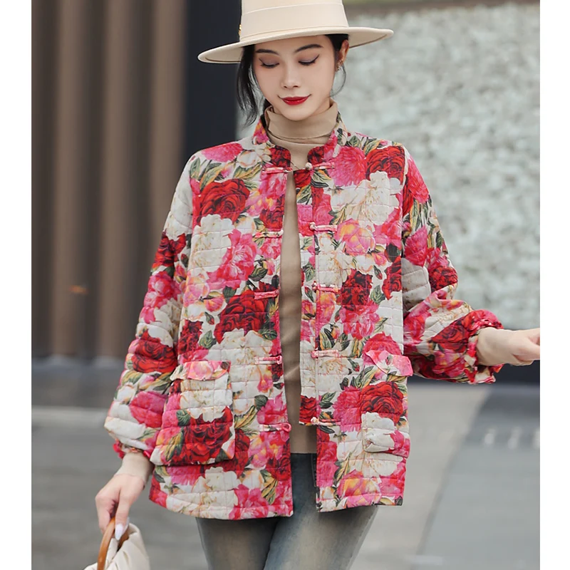 Autumn Winter New Chinese Style Women's Stand Collar Fashion Printed Lightweight Warm Mulberry Silk Cotton Jacket One Size