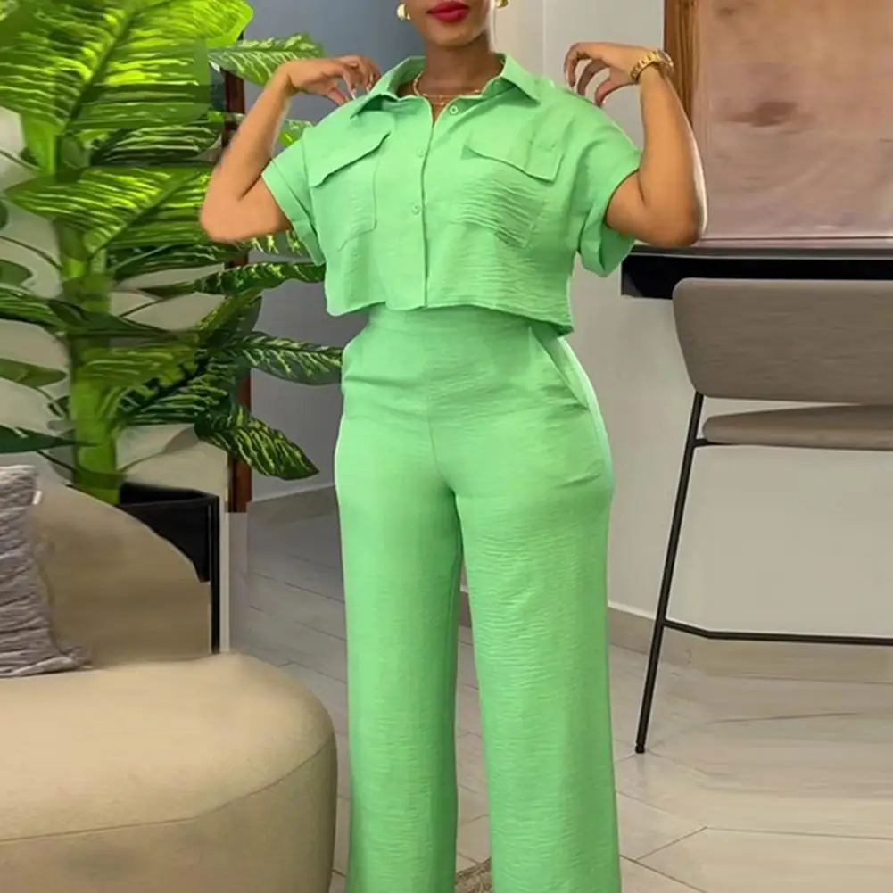 Women Commute Suit Stylish Women's Shirt Pants Set Turn-down Collar Single-breasted High Elastic Waist Wide Leg Straight Ol