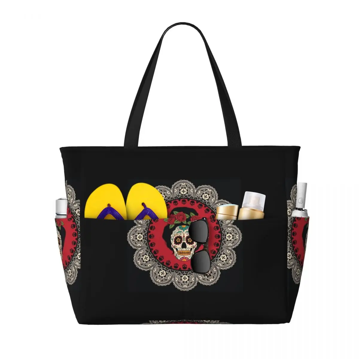 Mexican Skull Calavera Illustration Beach Tote Bag Sport Gym Yoga Duffle Large Tote Bag Women Travel Bag Fitness bag