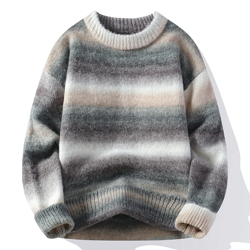 Men\'s Rainbow Striped Sweater, High End Luxury Wool Pullover, Casual Loose Christmas Jumper, New Fashion, Fall, Winter, 2024