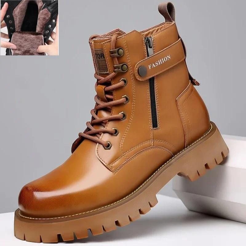 

Ankle Boots Men's Winter American High Top Genuine Leather Outdoor Cotton Wool Plush Cow Tendon Bottom Work Wear Short Boots