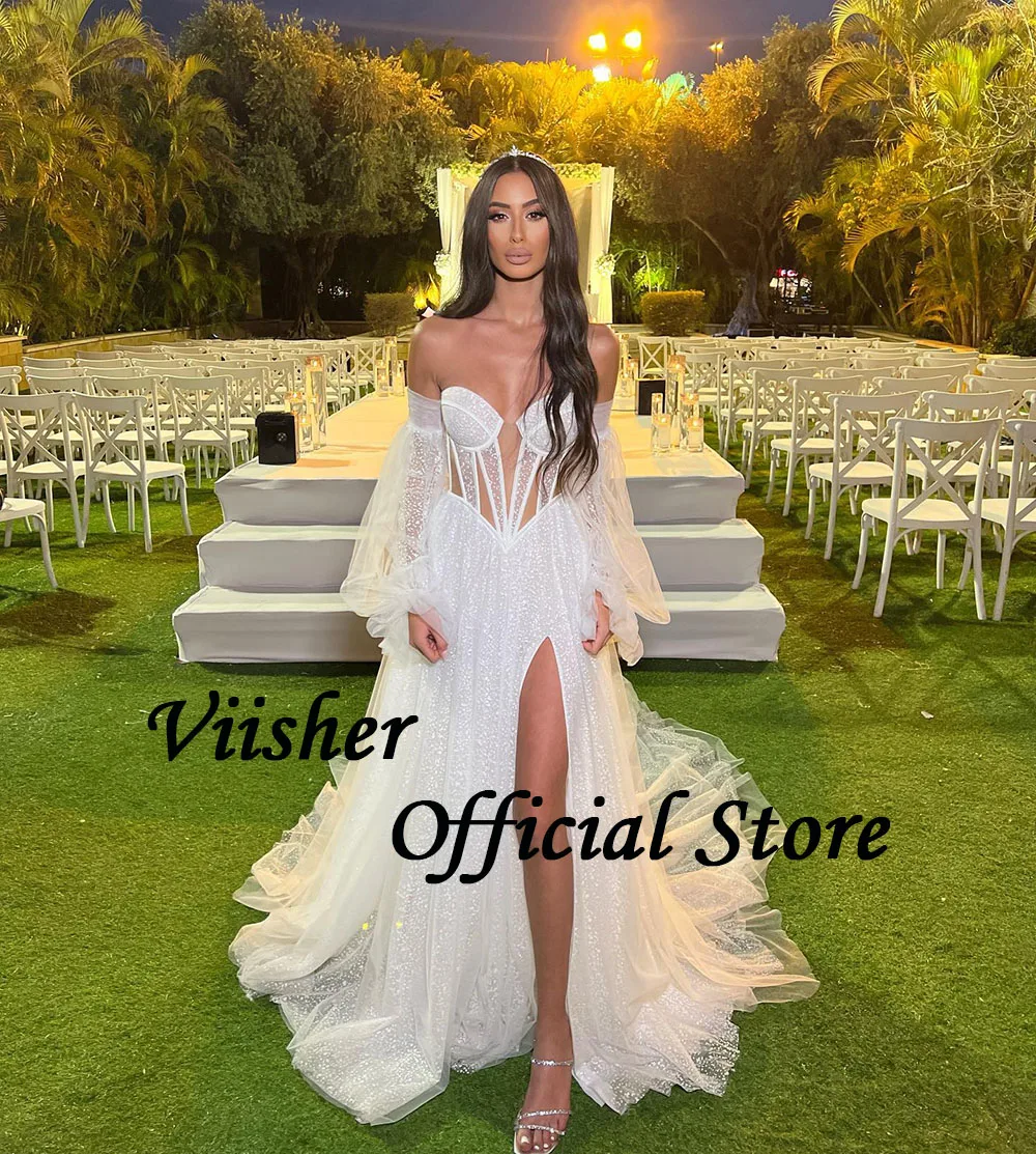 Viisher Sexy A Line Wedding Dress Leg Split Illusion Corset Sweetheart Bride Dress Dotted Tulle Long Israel Wedding Bridel Gowns