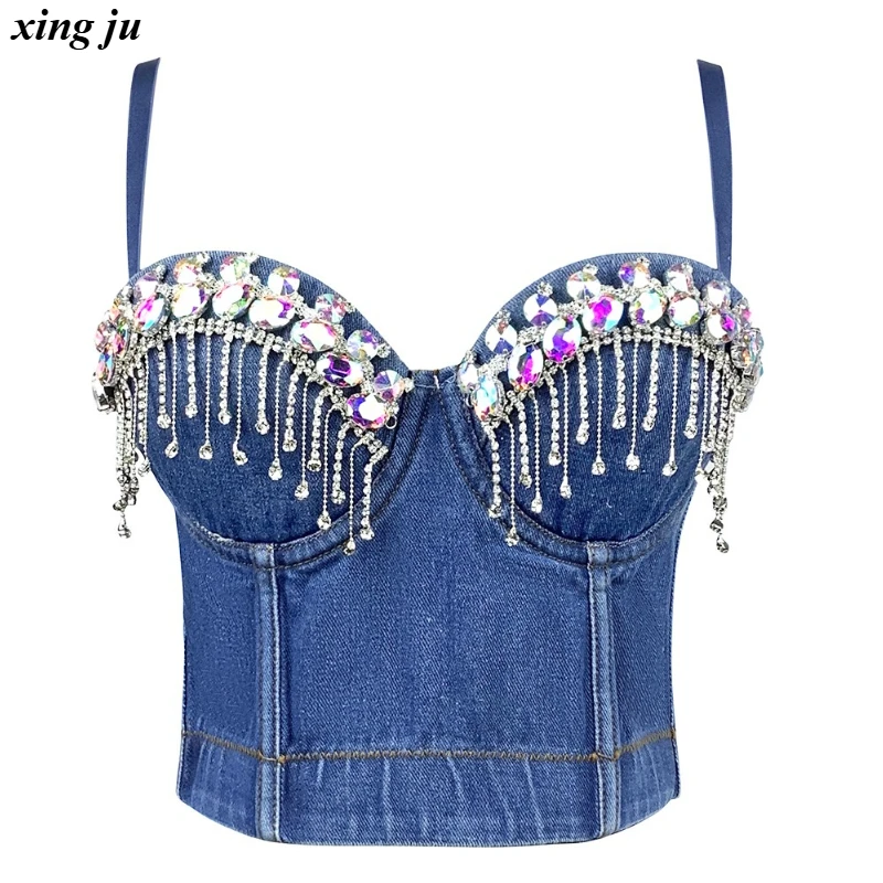 شينغ جو ملهى ليلي DJ مثير الدنيم المحاصيل القمم النساء ملابس رقص الجاز الملابس النسائية موضة الماس حبال سترة المغني المرحلة ارتداء #1