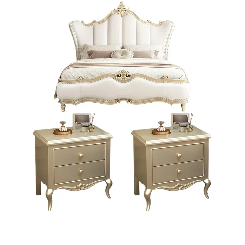 

Golden beautiful king size bed frame modern luxury villa princess double bed solid wood bedroom furniture