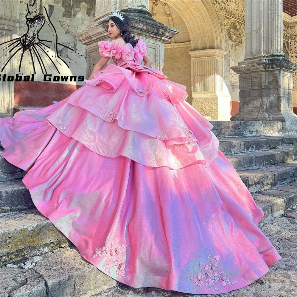 Gaun pesta ulang tahun Lengan ruffle bunga 3D applique manik-manik gaun bola merah muda Sweetheart gaun pesta ulang tahun manis 16 15 Robe De Bal