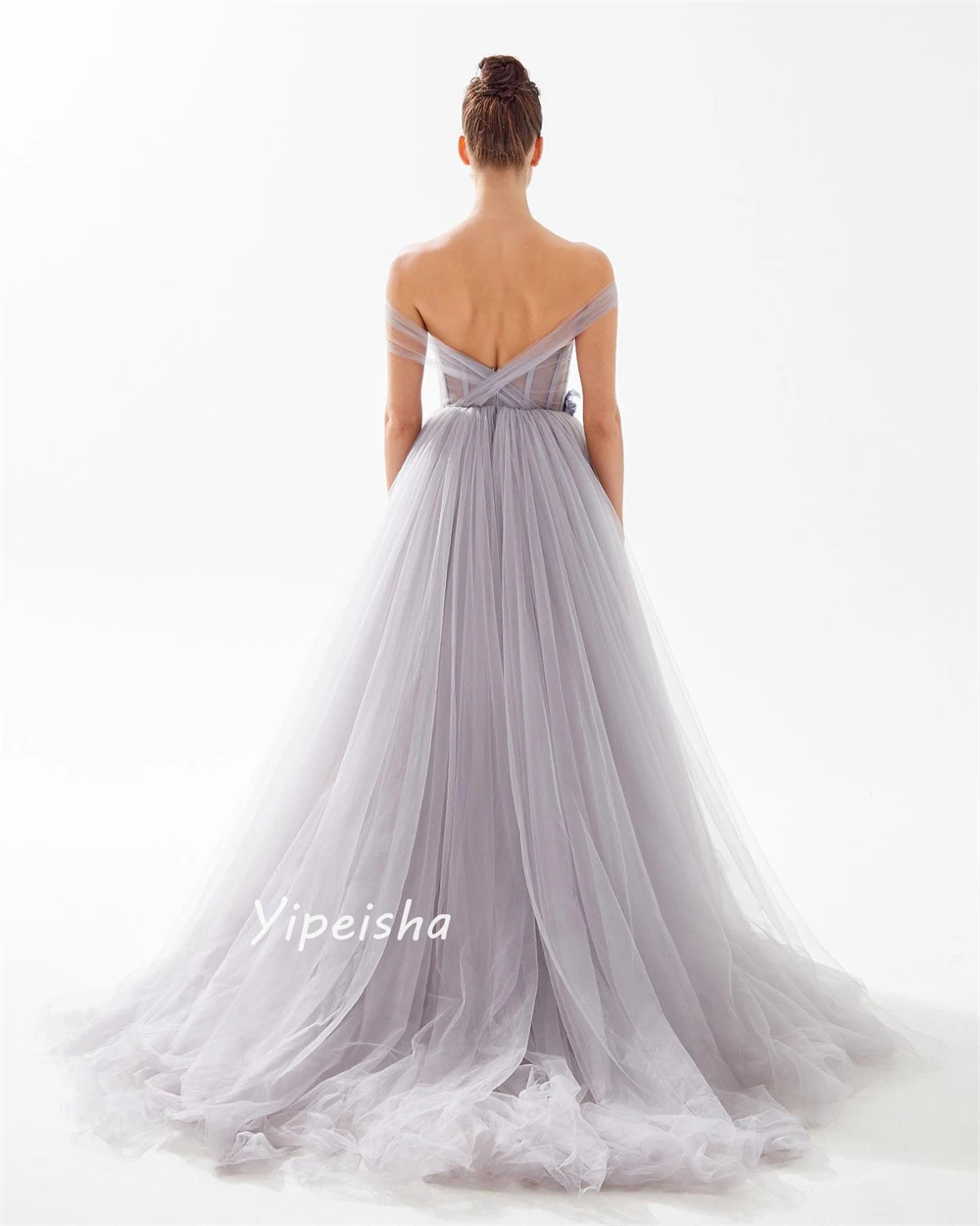 ที่กําหนดเองประณีตคลาสสิกปิดไหล่ชุดบอลดอกไม้ประดับด้วยลูกปัดBackless Draped Tulle Bespokeโอกาสชุดราตรี