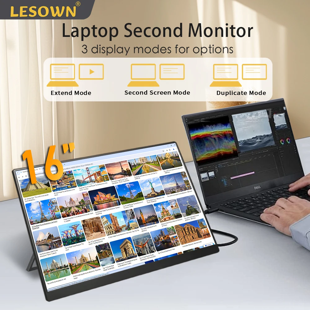 ラップトップ用LESOWN-UHDモニター、軽量ディスプレイ、内蔵スピーカー、USB-CおよびHDMI、11.6インチ、14インチ、16インチ、4k、2.5k、1080p