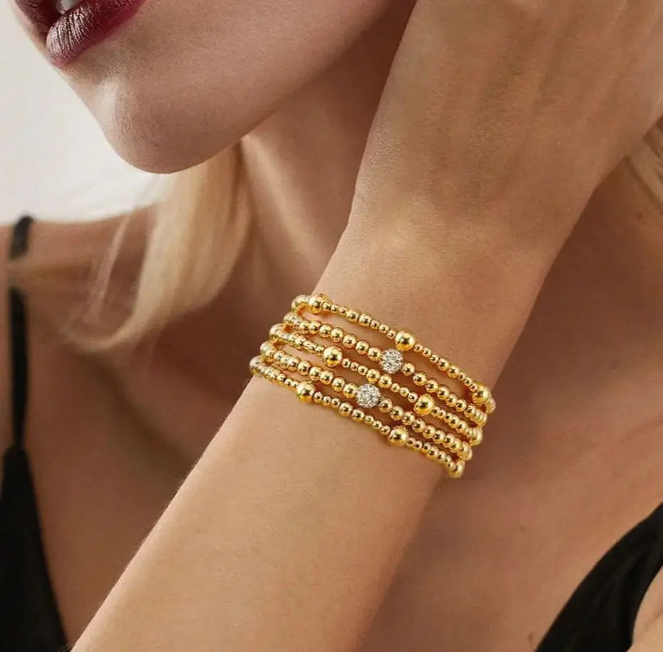 Badu New Stretch Gold Color Beads Bracelet For Women Cubic Zirconia Jewelry Trendy Stackable Ball Beaded Bracelet Set Gifts