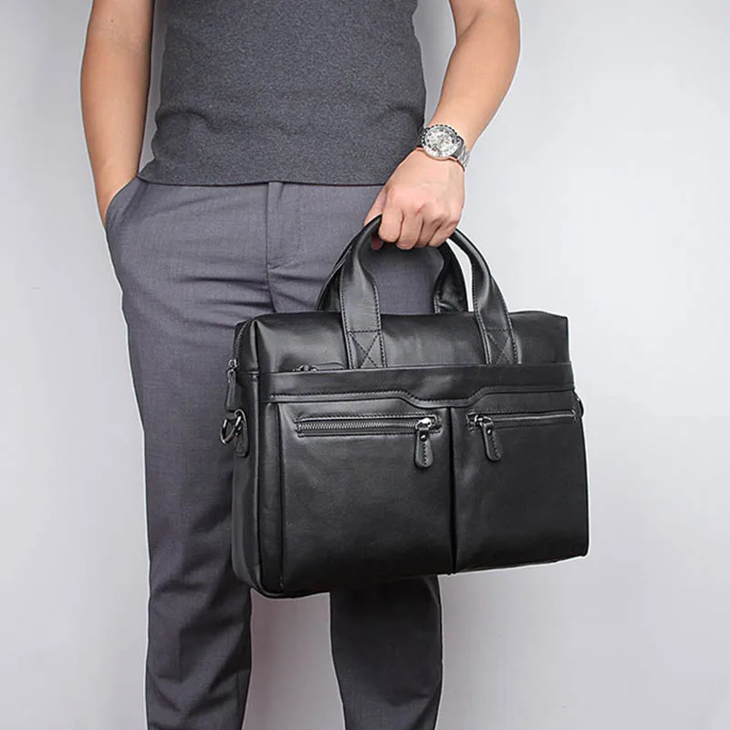 

Soft Genuine Leather Business Briefcase For Man Fit 14" Laptop Handbag Black Soft Cow Leather Male Message Bag Work Tote