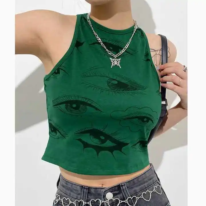 Y2k Tank Top Harajuku estetyka nadruk oczy aplikacja bez rękawów Casual Rock Grunge Streetwear grafika Emo-Girl krótkie bluzki