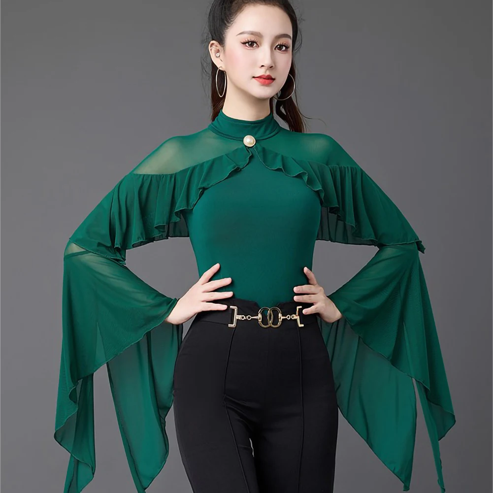 เสื้อแจ็คเก็ตเต้นรำบอลรูมสำหรับผู้หญิง สีแดงไวน์ กระดุมมุก สีเขียวเข้ม เสื้อแสดงโชว์ แขนยาว สง่างาม สำหรับเต้นวอลซ์ จั๊มสูทแต่งระบาย