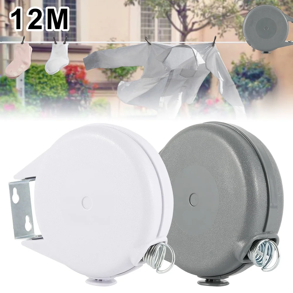 Retractable Clothesline 12m Portable Heavy Duty Indoor and Outdoor Washing Line PVC Retracting Clothes Line with Wall Mount Hang