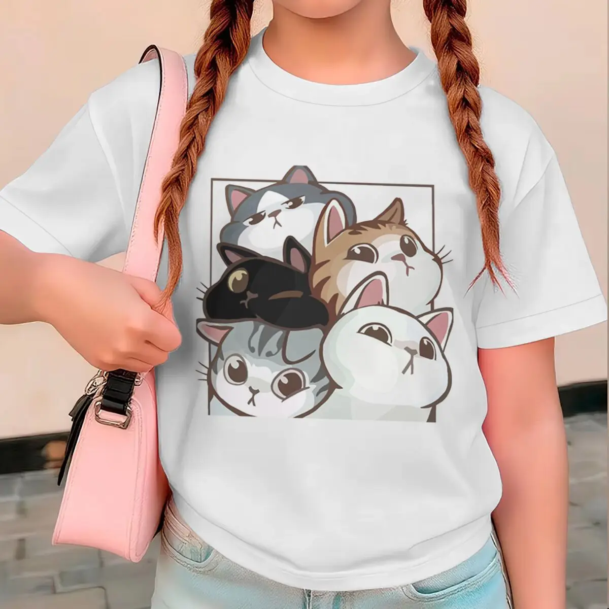 Cute Cat Kawaii Cartoon T-shirt Girl Boy New Fashion Casual Tops Animal Lover Gift Harajuku Clothes Kids Funny Cat Print Tee Top