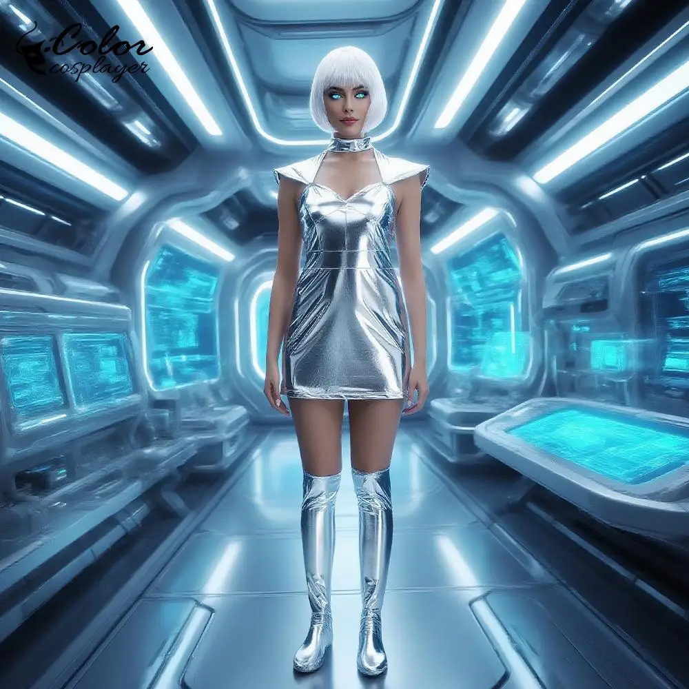 

Alien Women Dress Sliver Robot Cosplay Costume Reflective Technology Sense Dress Stage Performance Wear Carnival Outfit