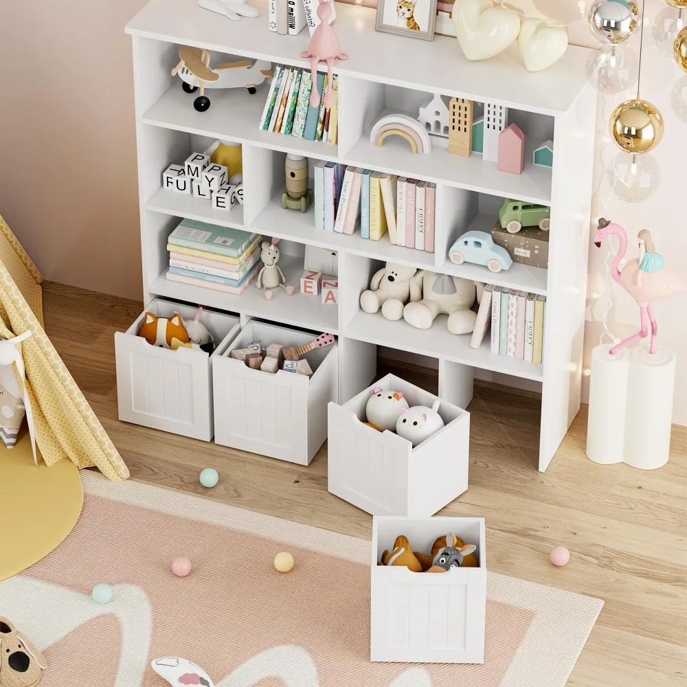 Bibliothèque de rangement pour enfants, bibliothèque pour enfants, étagère pour chambre d'enfant, valeur de stockage de jouets, 4 égouts à proximité mobile et 7 cubes de rangement