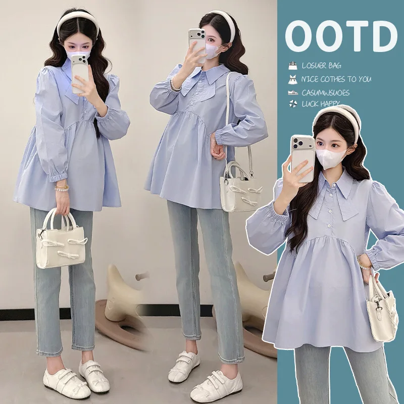 2026 New Autumn Maternity Top Korean‑Style Loose Long Sleeve Blouse Simple Cover Belly Slim Flattering Shirt Women Outer Wear