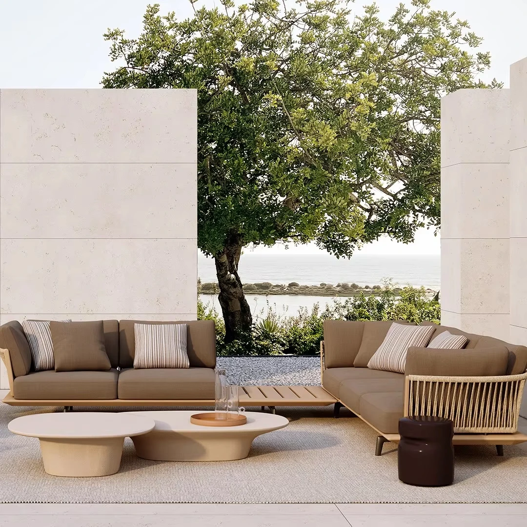 & Modern Outdoor Teak Sofa Rope Woven Soft Cushion L-Shaped Sofa Set