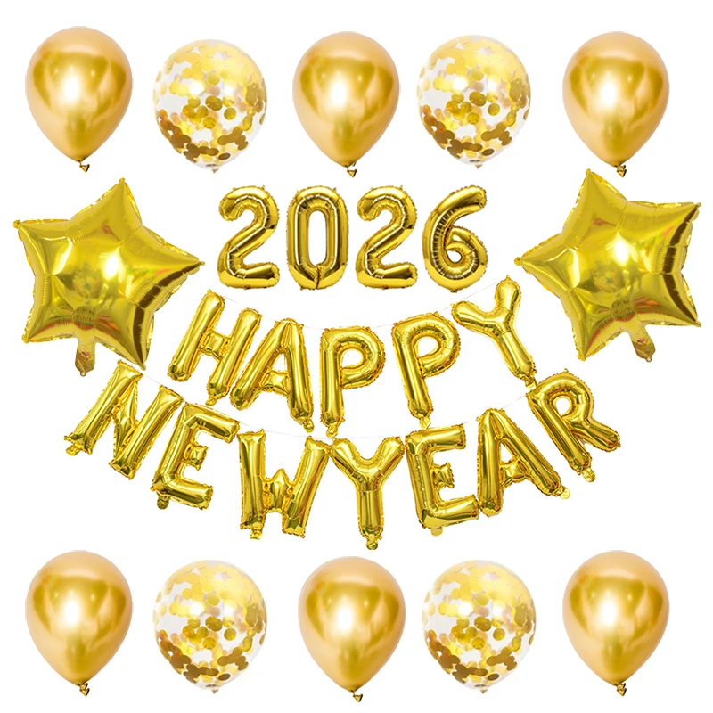 

14pcs Gold Silver 2026 New Year Foil Balloon Set New Year's Eve Party Supplies Christmas Atmosphere Holiday Party Decorations